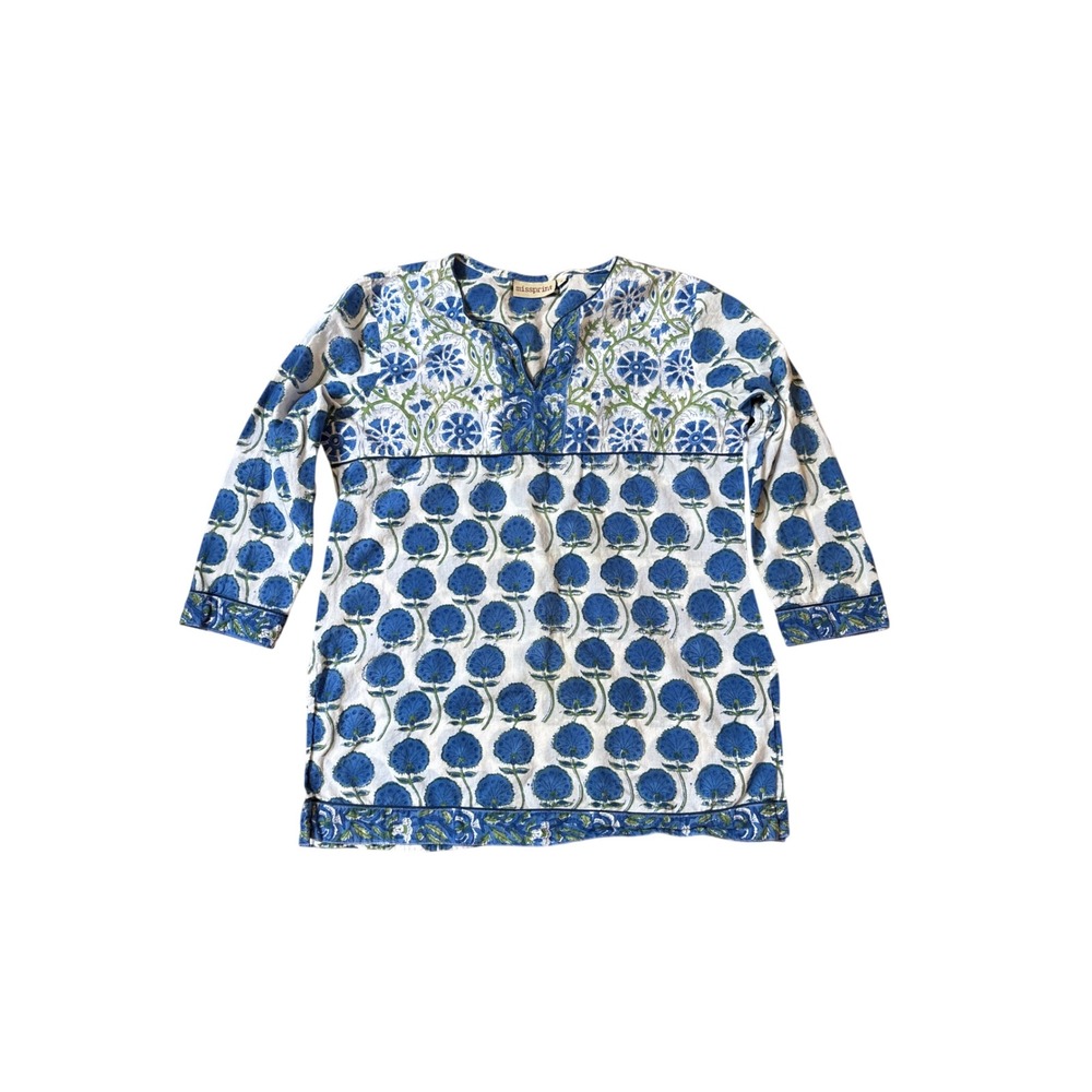 Missprint Tunic‎ Top Womens Blue Floral Block Print Boho Split Neck SIZE S